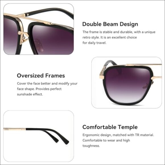 Oversized Square Aviator Sunglasses Gold Frame Retro Pilot Shades main image 6
